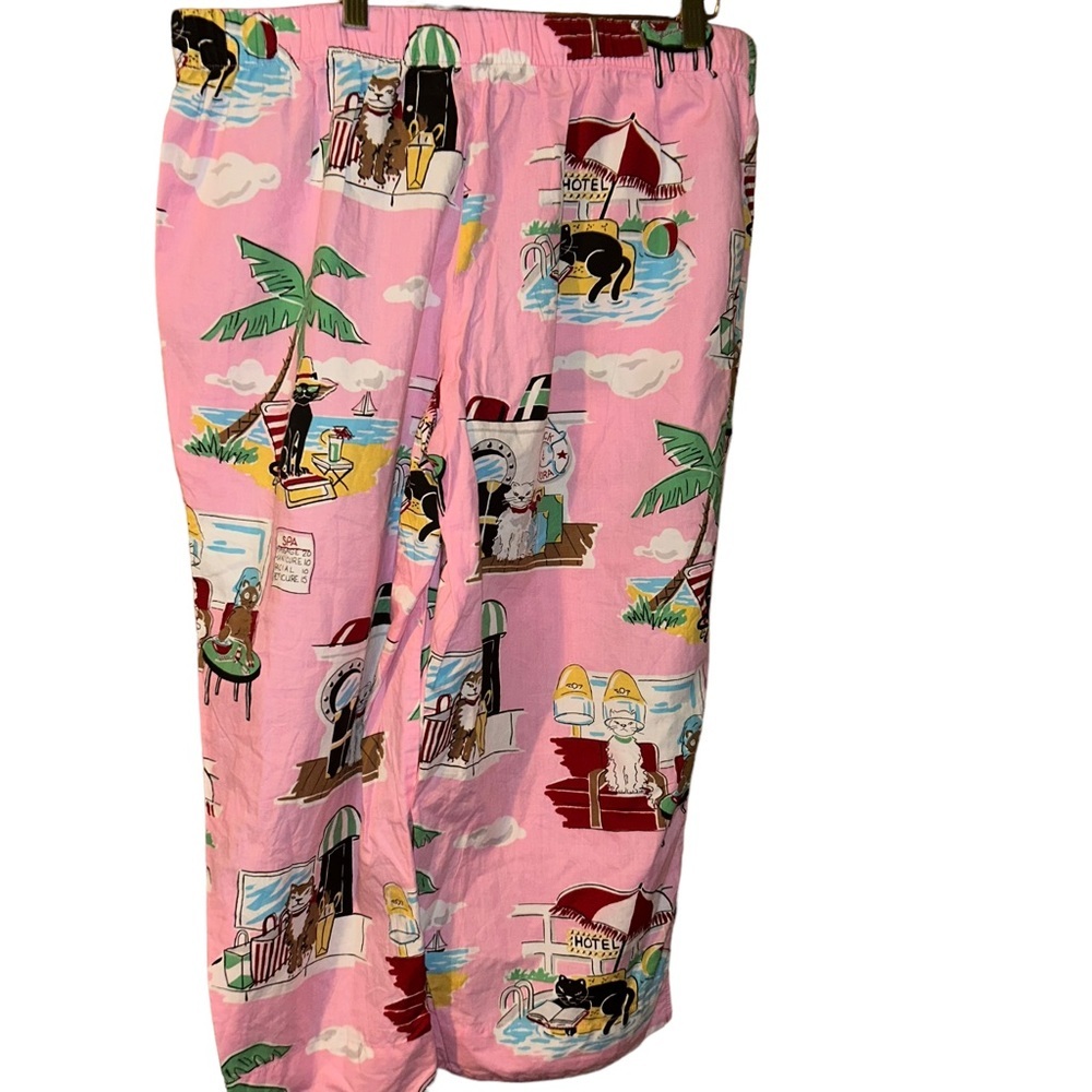 Nick & Nora Cat Pajama Pants Puss vacation spa beach cats on vacay fun Large - Picture 2 of 4